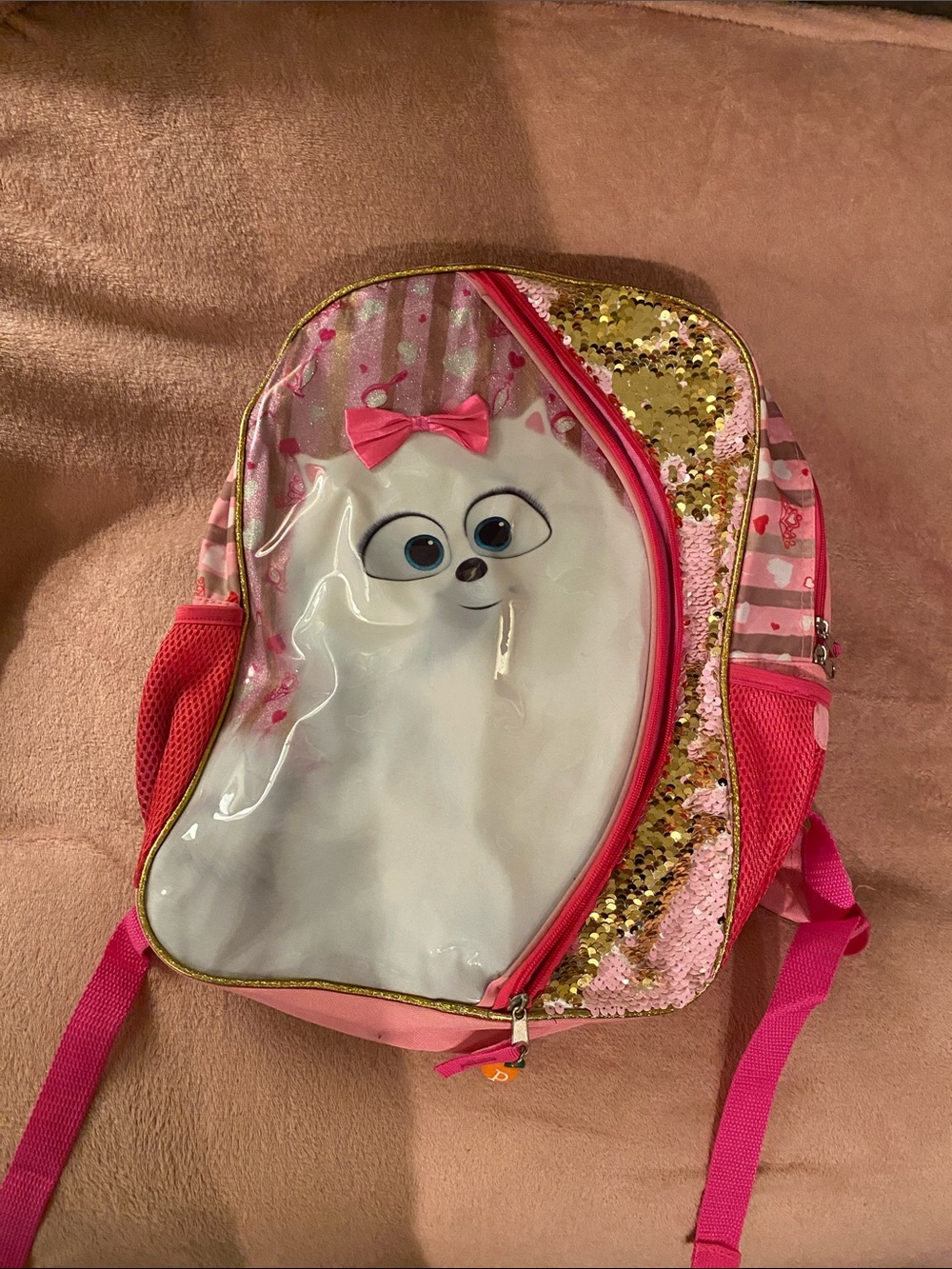 Girls' Pink Sequin Character Backpack with Bow Accent